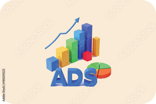 Advertising Growth Metrics: Colorful Bar Chart, Pie Chart, and Upward Arrow Illustrating Successful Ad Campaigns and Performance Analysis.