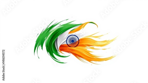 Artistic rendering of tricolor national banner with a central blue wheel, evokes themes of freedom, patriotism, and cultural identity.