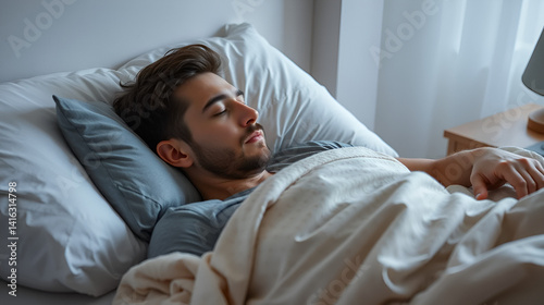 Sleeping, tired and man in bed in home for relaxing on weekend morning with dreaming in rem. Fatigue, snooze and male person with pillow and blanket for resting afternoon nap in bedroom at apartment.