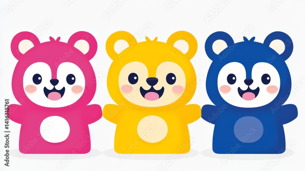 Fototapeta premium Three kawaii pixelated bears holding hands in pink yellow and blue a playful and vibrant graphic design perfect for children's illustrations and digital artwork