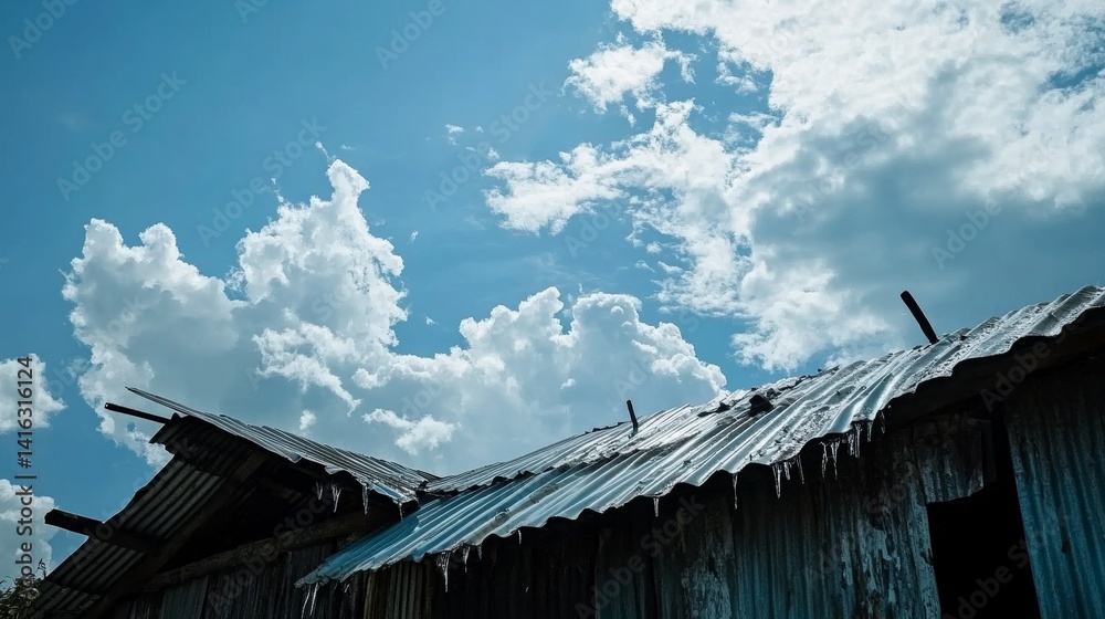 Rustic corrugated metal roof against a partly cloudy sky: weather damage poverty and decay background Rustic corrugated metal roof against a partly cloudy sky: weather damage poverty and decay background