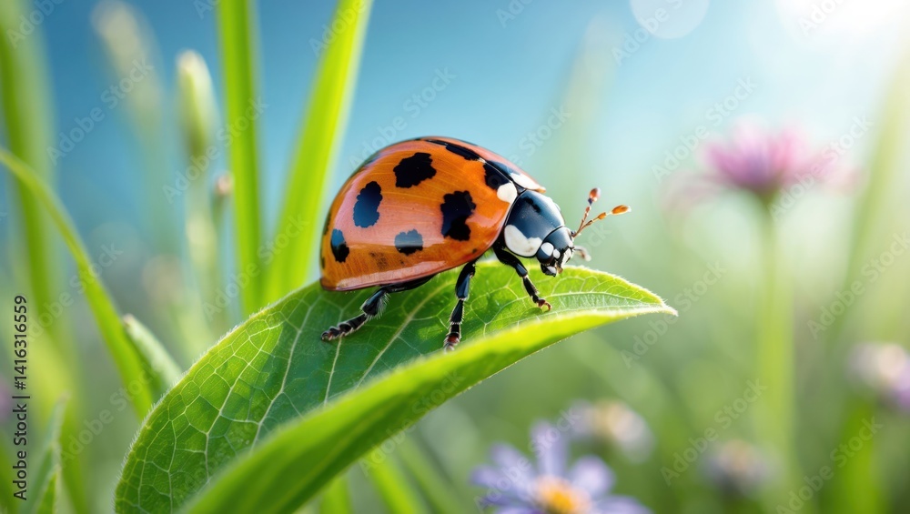 Naklejka premium Ladybug Crawling on a Green Leaf in Spring Meadow