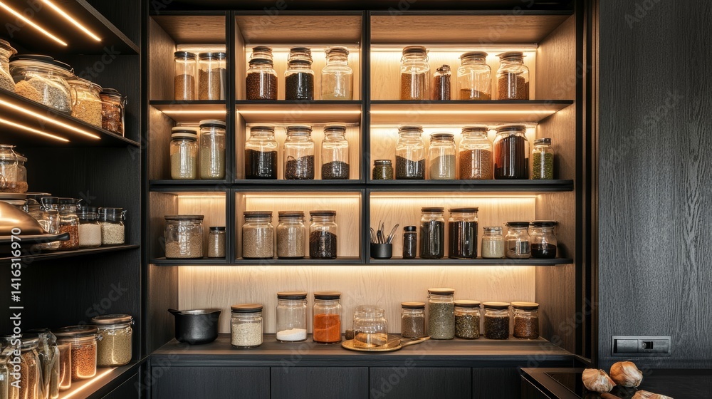 Organized pantry with spices in glass jars on illuminated shelves culinary ingredients storage kitchen interior design for cooking and food preparation Organized pantry with spices in glass jars on illuminated shelves culinary ingredients storage kitchen interior design for cooking and food preparation
