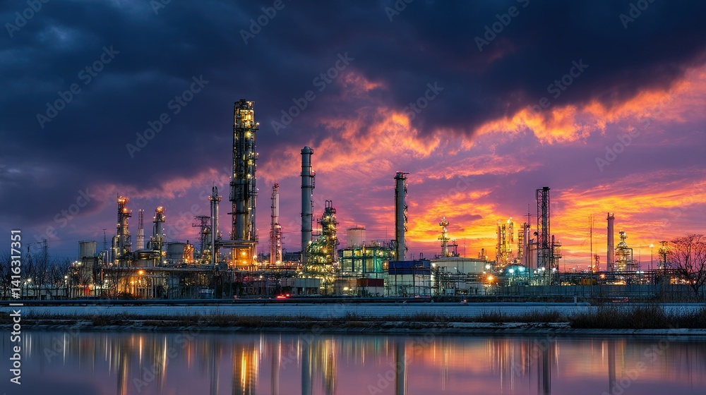 Fototapeta premium Industrial complex by a water body at sunset.