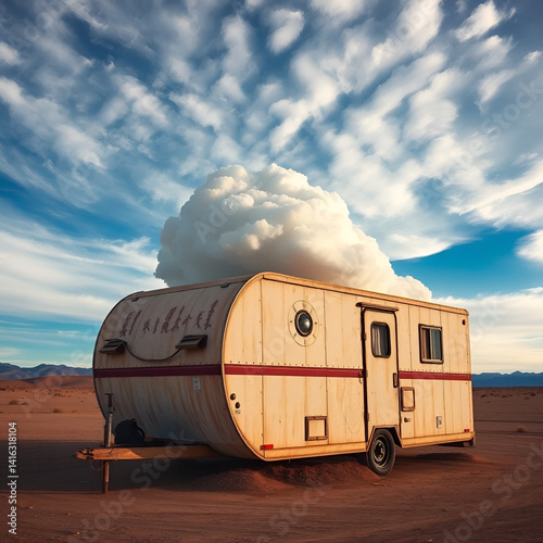 Cirrus uncinus cloud over wind-eroded trailer van-shaped yardang. Qaidam desert-Qinghai-China-0587