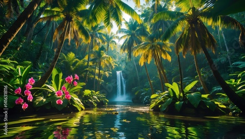 Waterfall in Tropical Forest with Palm Trees and Pink Flowers