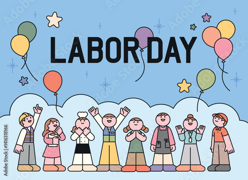 Happy Labor Day celebration with cartoon workers from various professions. Flat vector illustration with balloons and cheerful characters.