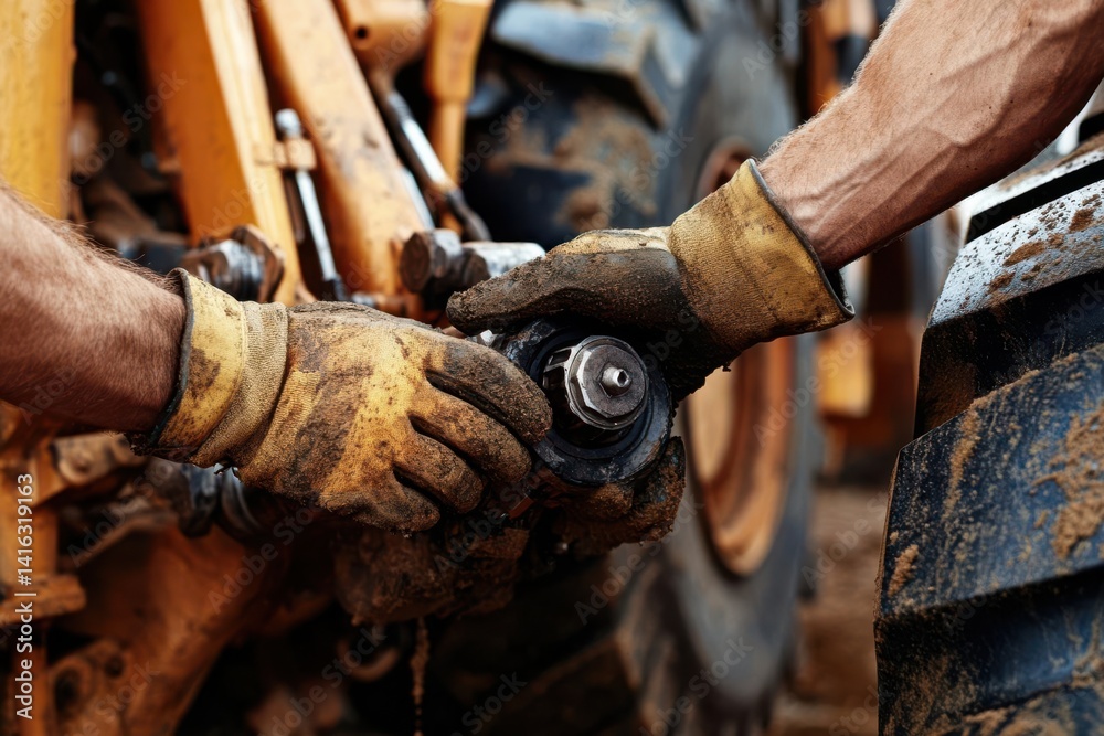 Mechanic repairing heavy machinery with dirty hands in a construction site background Mechanic repairing heavy machinery with dirty hands in a construction site background