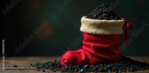 A red stocking overflowing with a burlap sack of coal , Christmas, coal, black