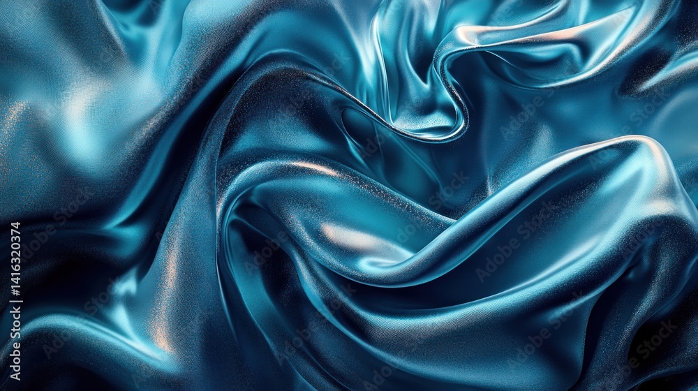 Fototapeta premium Fluid, shimmering teal silk drapes in dynamic folds.