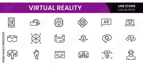 Virtual reality Icons vector illustrations with thin line contain headsets, immersive, avatar, augmented reality, controller, motion tracking, visualization, VR experience, projection.