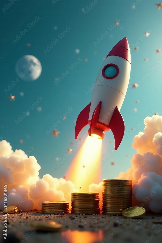 Obraz premium Small rocket ship taking off next to piles of coins, rocket, business