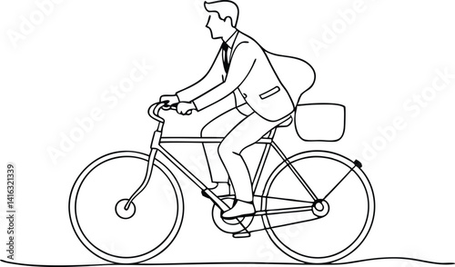 Line art Businessman cycling. Outline illustration. Full suit. Minimalist style