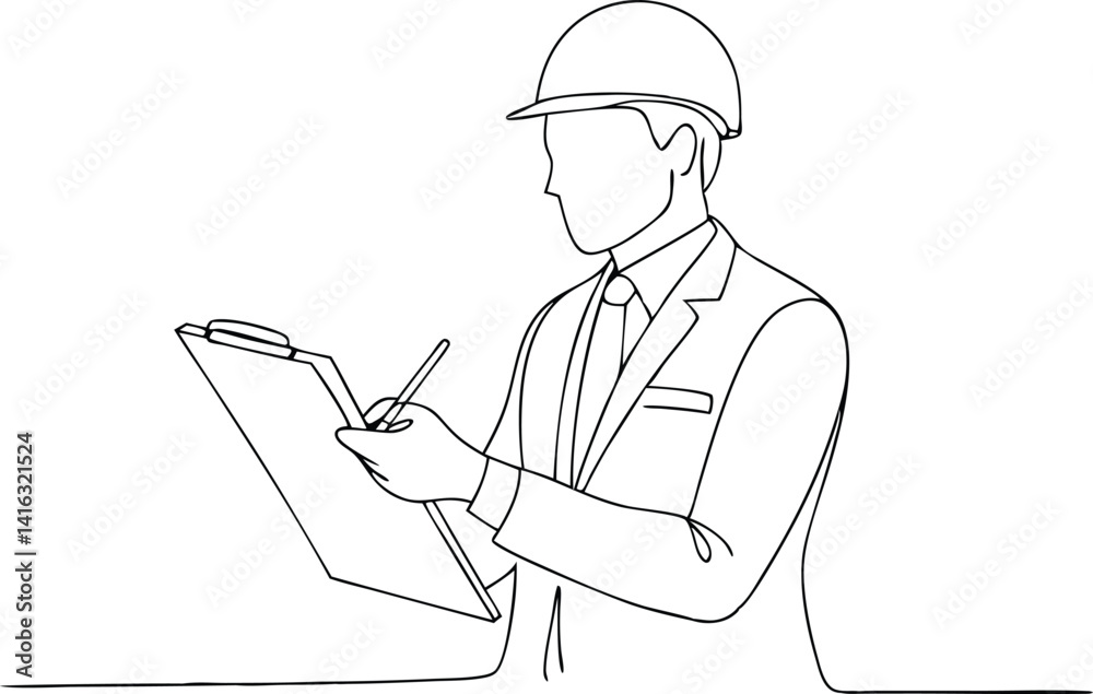 Line Art Foreman in Hard Hat Writing on Clipboard Minimalist, Outline, Isolated Line Art Foreman in Hard Hat Writing on Clipboard Minimalist, Outline, Isolated