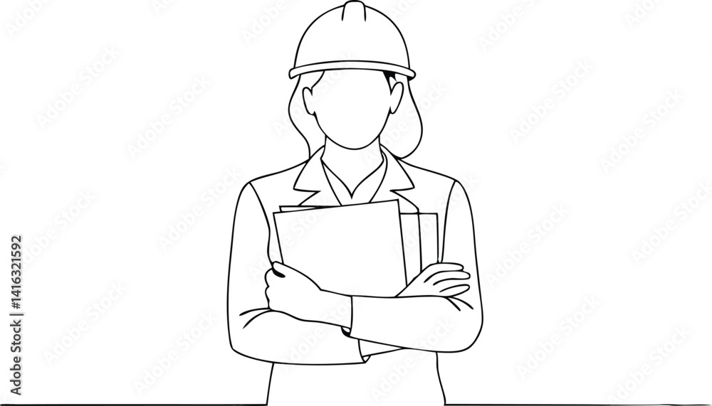 Line art of a female engineer with hard hat, holding papers with crossed arms pose Line art of a female engineer with hard hat, holding papers with crossed arms pose