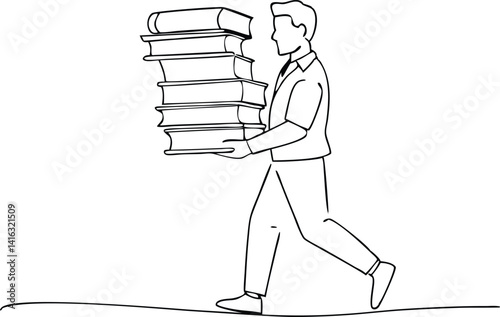 Line Art Man Carrying Stack of Books, Walking, Side View, Monochrome, Minimalist Style