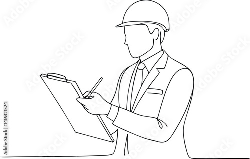 Line Art Foreman in Hard Hat Writing on Clipboard Minimalist, Outline, Isolated