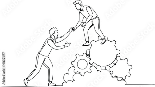 Line Art Man Helping Colleague Climb Gears, Hand Reaching, Business Support Concept