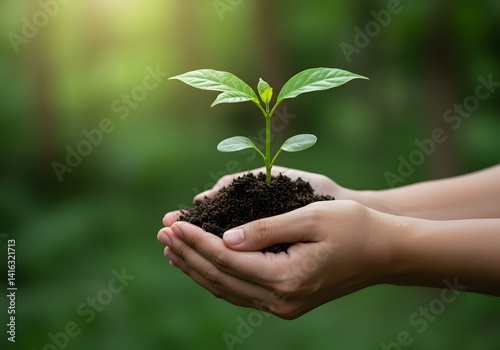 plant in the hand of a tree Ecological environment concept and forest conservation.taking care of forest nature background.plant in the hand of  tree Ecological environment concept forest conservation