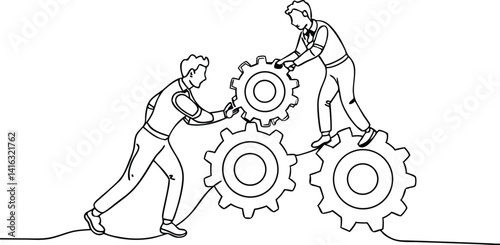 Linear Art Two Men Interacting with Gears, One Pushing, One Standing on Interlocking Gears