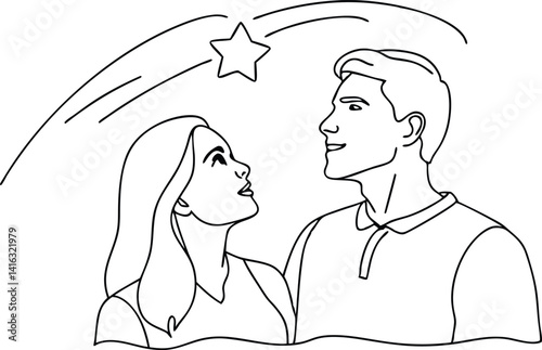 Minimalist Outline Art Couple Gazing at Shooting Star, Dreamy Line Drawing Romance