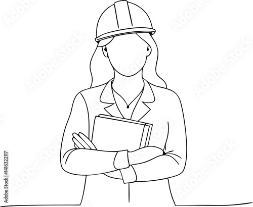 Continuous Outline of a young woman in a hard hat, holding book, arms crossed