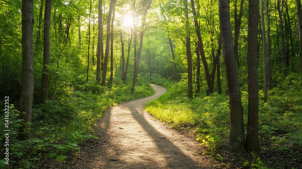 Fototapeta premium Sun-dappled pathway through a vibrant green forest offers tranquility
