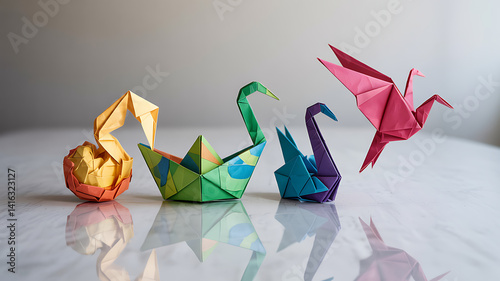 Fototapeta Naklejka Na Ścianę i Meble -  Colorful Origami Cranes and Figures Arranged on Reflective Surface, Representing Art, Craft, Tradition, and Celebration