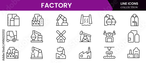 Factory icon set. Including industry, production, machine, manufacture, warehouse, fabrication, goods, and more. icons collection.