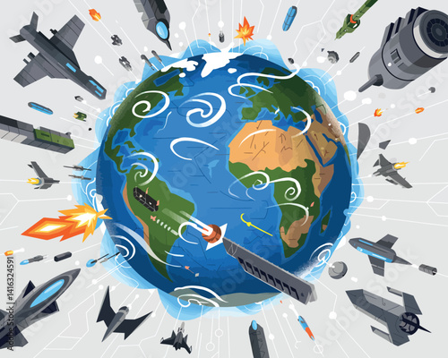  2D Vector Cartoon Illustration Poster Featuring Earth, Satellites, and Global Communication Networks , war , Architectural

