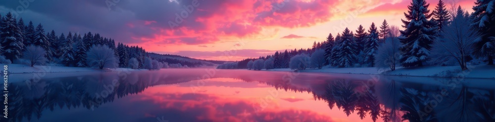 Fototapeta premium Dark silhouettes of winter trees reflected perfectly, woodland, idyllic, peaceful