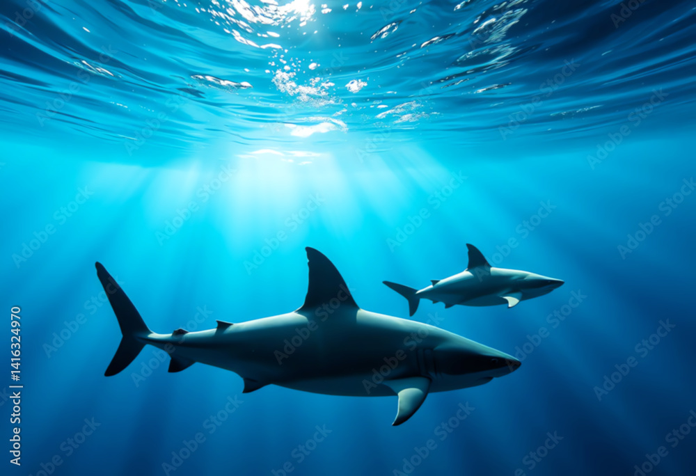 Obraz premium Graceful Sharks Gliding Through Sunlit Ocean Depths