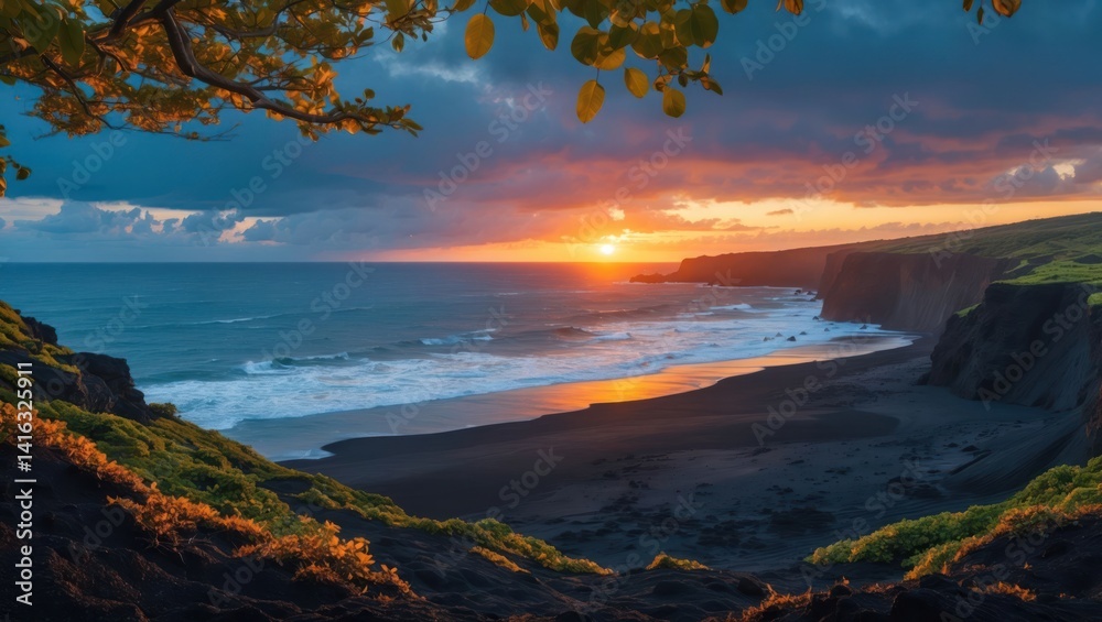Scenic Coastal Sunset with Black Sand Beach and Dramatic Clouds Scenic Coastal Sunset with Black Sand Beach and Dramatic Clouds