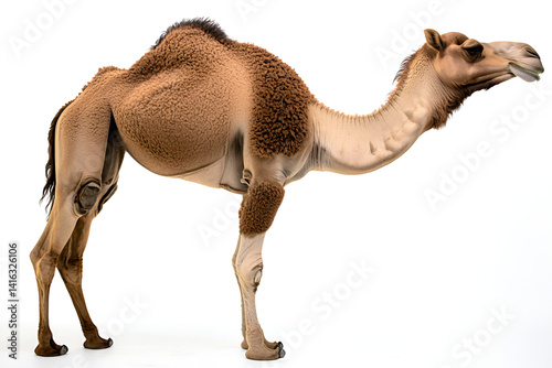A brown dromedary portrait showcases its furry face, a closeup of the desert mammal's head
