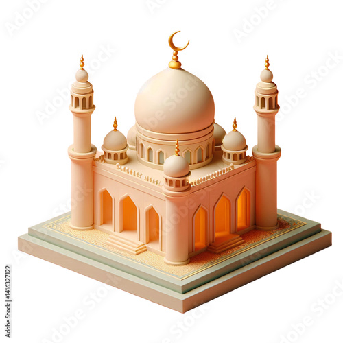 3D Illustration of Islamic Mosque with Dome and Minarets – Isometric Style