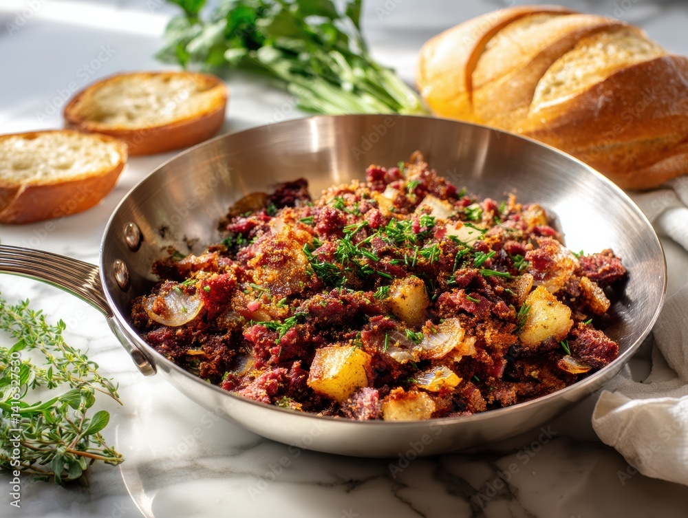Hearty corned beef hash skillet with bread garnish and fresh herb on marble table delectable cuisine
