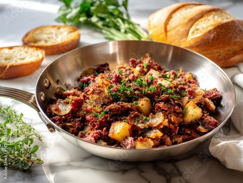 Obraz na płótnie Hearty corned beef hash skillet with bread garnish and fresh herb on marble table delectable cuisine w salonie
