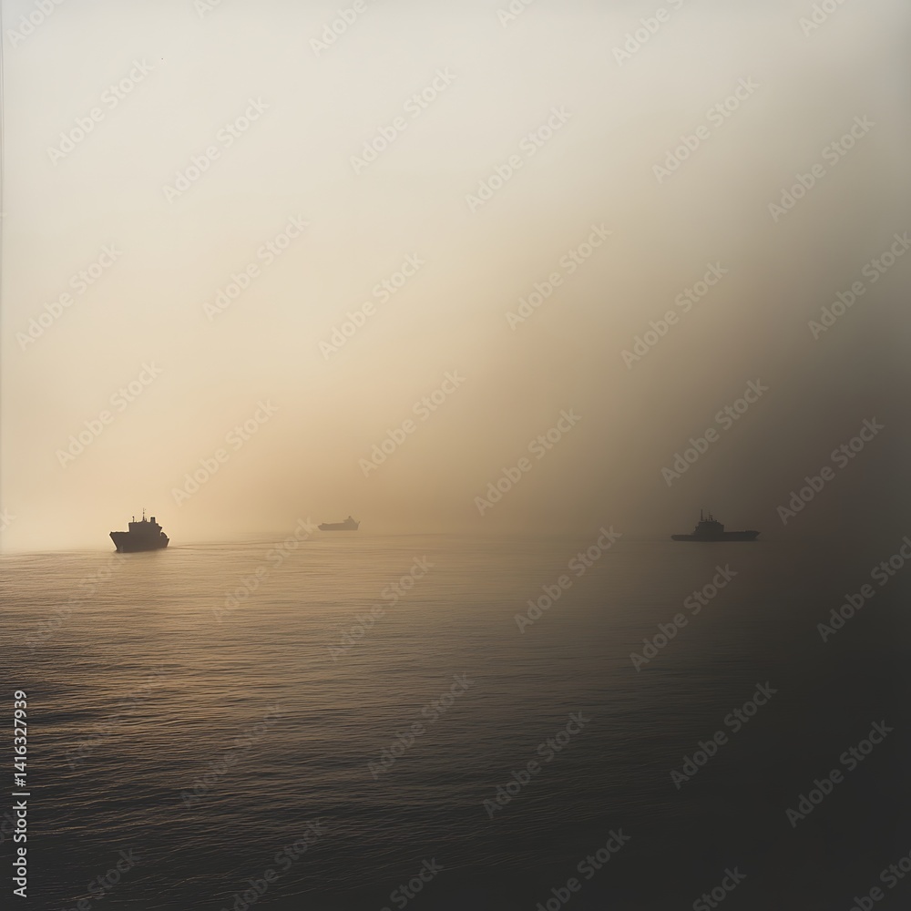 Obraz premium Foggy Sea, Silhouetted Ships at Dawn
