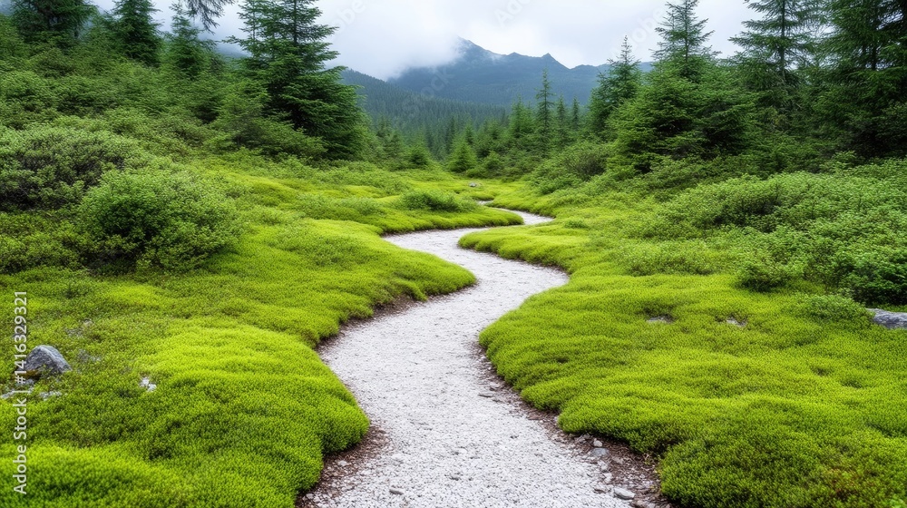 Fototapeta premium Serene mountain path winding through lush green meadow. Misty mountains in the distance