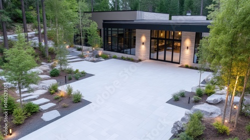 Modern outdoor patio design with a contemporary home. Lush landscaping and stone pathways surround the paved area.  Ambient lighting enhances the space