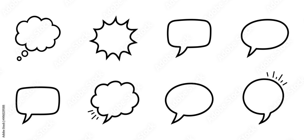 Fototapeta premium Set of black outlined speech and thought bubble icons on transparent background, perfect for comics, chat interfaces, or design elements.