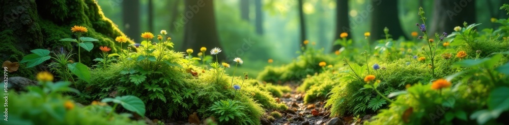 Mossy forest floor with ferns and wildflowers, floral patterns, forest atmosphere Mossy forest floor with ferns and wildflowers, floral patterns, forest atmosphere