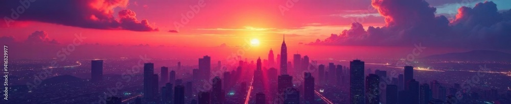 Fototapeta premium Multicolored background with a futuristic cityscape at sunset, cityscape, colorful, futuristic