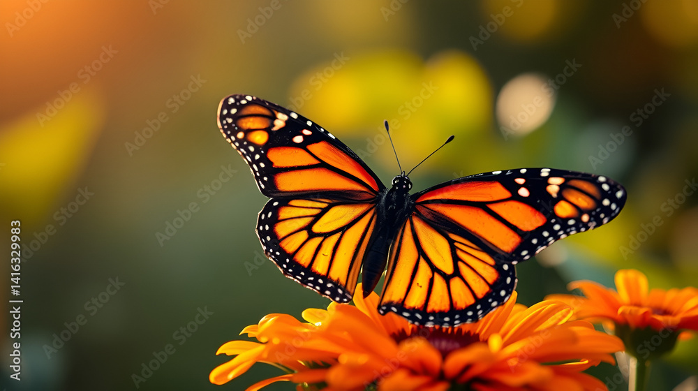 Naklejka premium A Stunning Monarch Butterfly Welcomes the Dawn with Vibrant Colors and Graceful Movements. Natural Macro Shot Texture Environment Concept