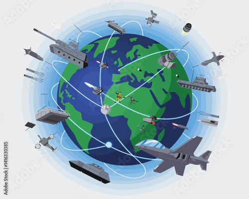  2D Vector Cartoon Illustration Poster Featuring Earth, Satellites, and Global Communication Networks , war , Architectural
