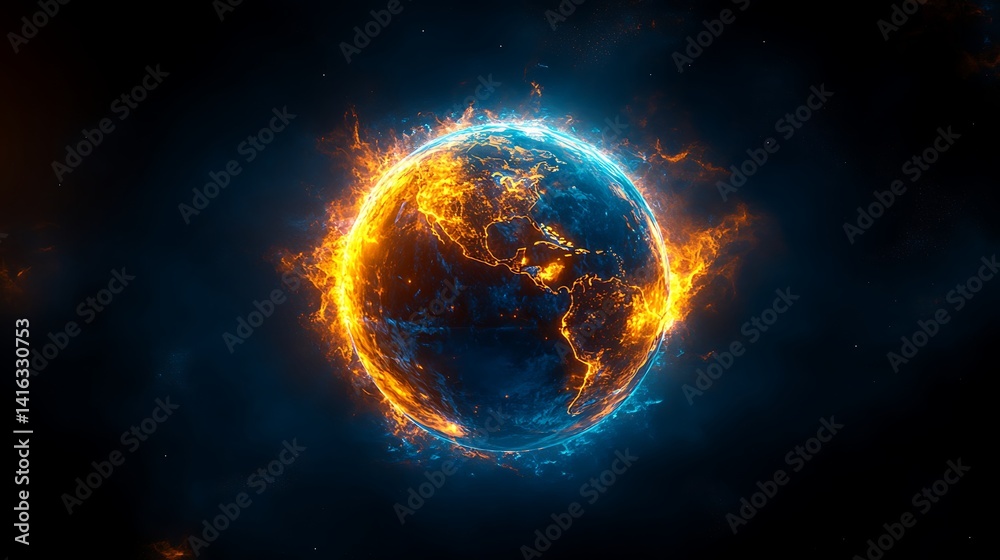 Fiery Globe Symbolizing Global Warming, A fiery globe with glowing continents, symbolizing global warming Fiery Globe Symbolizing Global Warming, A fiery globe with glowing continents, symbolizing global warming