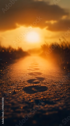 Footprints on snowy path at golden sunset