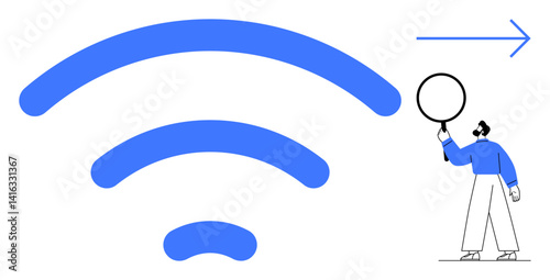 Large blue wireless signal beside a figure holding a magnifying glass examining details, with an arrow indicating forward movement. Ideal for technology, internet, connectivity, analysis, progress
