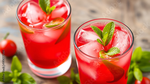 Refreshing red cocktail with mint leaves and ice, ideal for summer parties and gatherings.