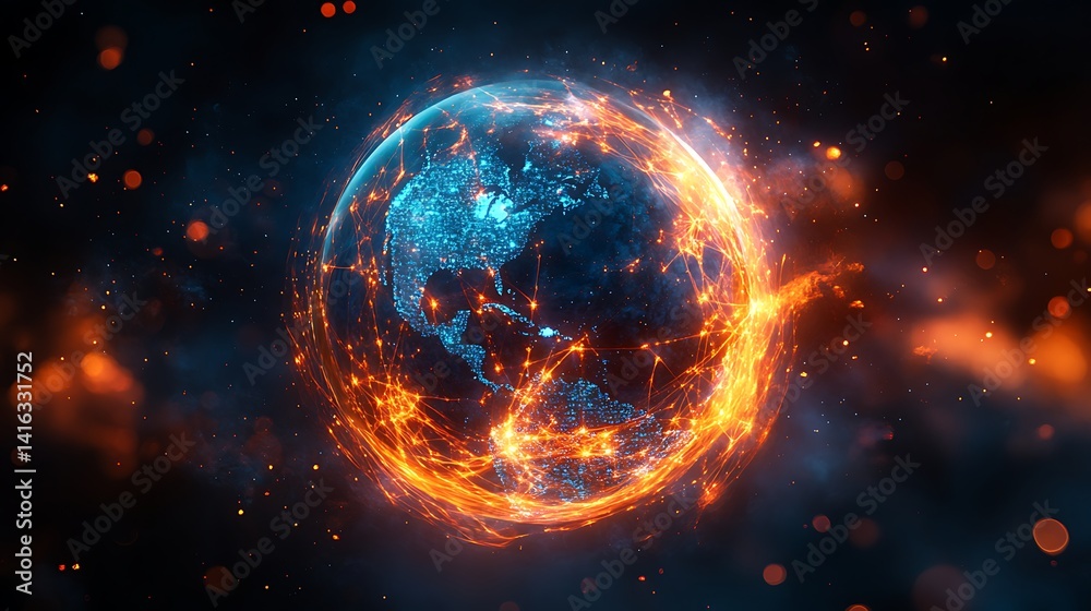 Obraz premium Fiery Globe Symbolizing Global Warming, A fiery globe with glowing continents, symbolizing global warming